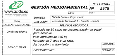 Albarán recogida documentación para destruir