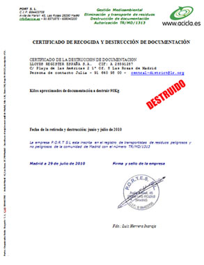 Certificado de destrucción de documentación