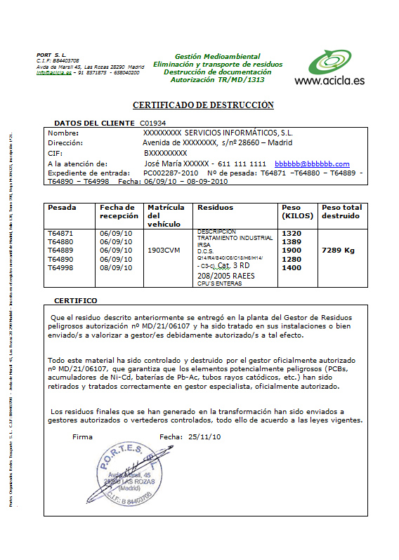 Certificado de destrucción de información en soporte electrónico